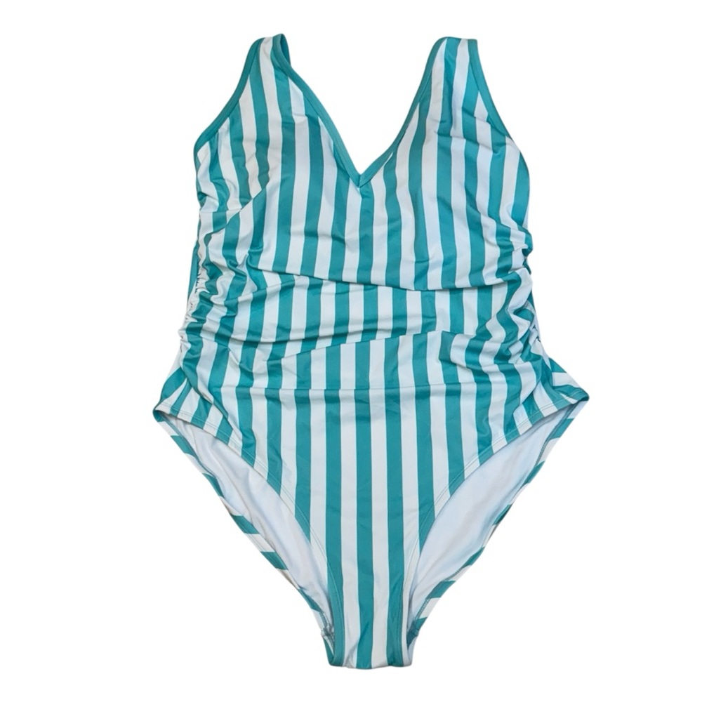 Kona Sol Women’s Aqua Green White Strip One Piece SwimSuit Size 22W New